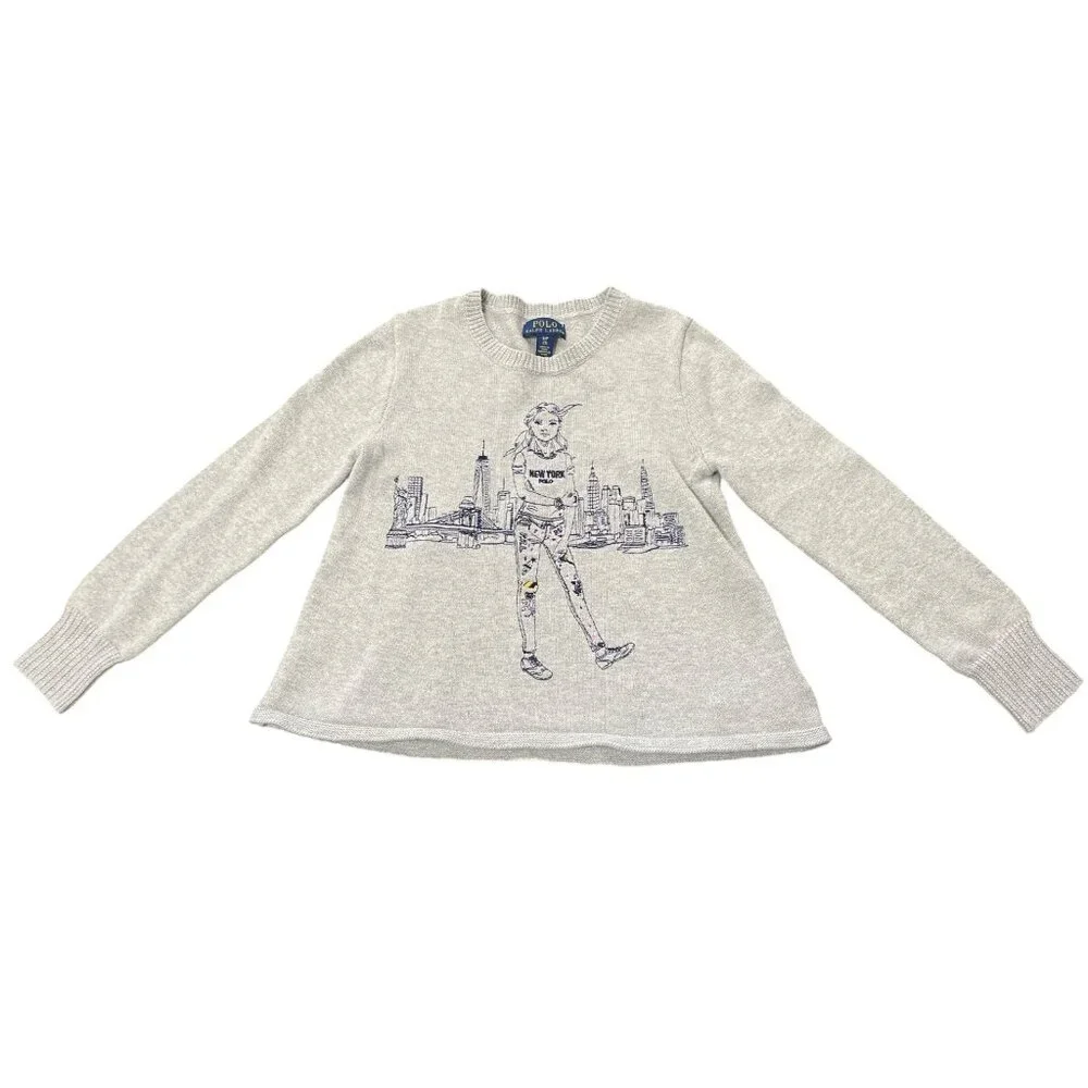 Polo Ralph Lauren Girls Knit Sweater New York City Embroidered Girl Gray Size 7 - Picture 2 of 8